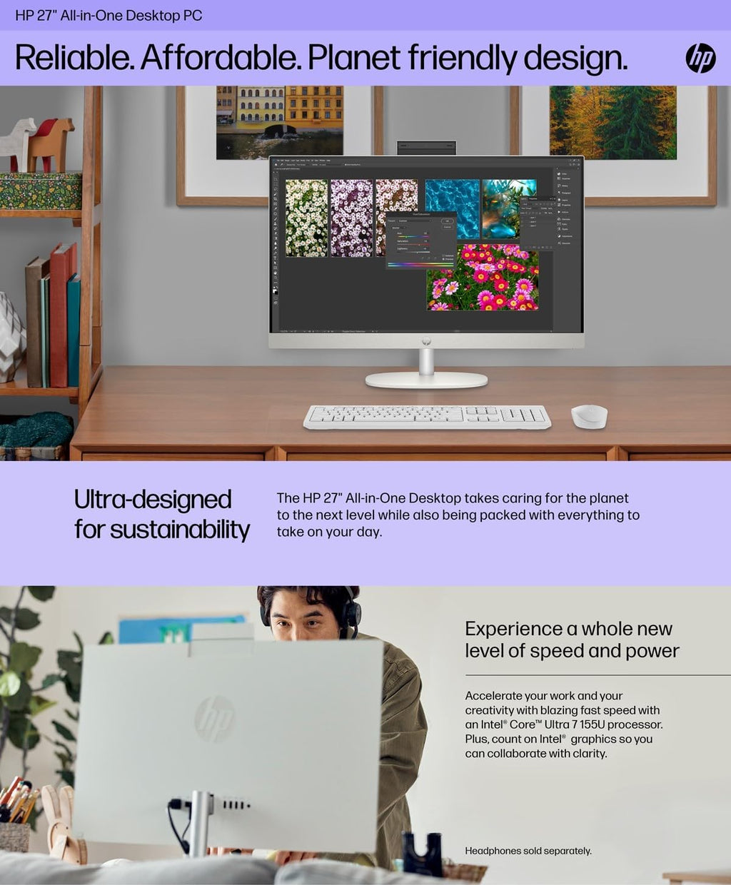 HP 27" All-in-One Desktop Computer, FHD IPS Touchscreen, AMD Ryzen 5 7520U Processor, 16GB LPDDR5, 256GB SSD, Wi-Fi 6, HDMI, USB-C, Ethernet RJ-45, Wireless KB& Mouse, Windows 11 Home