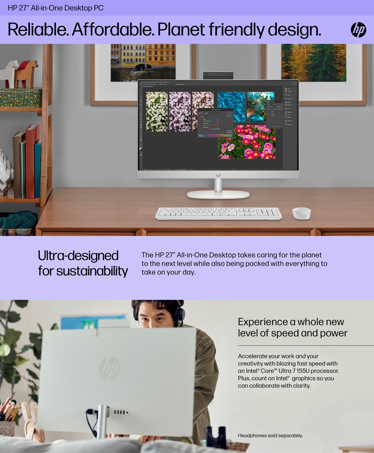 HP 27" All-in-One Desktop Computer, FHD IPS Touchscreen, AMD Ryzen 5 7520U Processor, 16GB LPDDR5, 256GB SSD, Wi-Fi 6, HDMI, USB-C, Ethernet RJ-45, Wireless KB& Mouse, Windows 11 Home