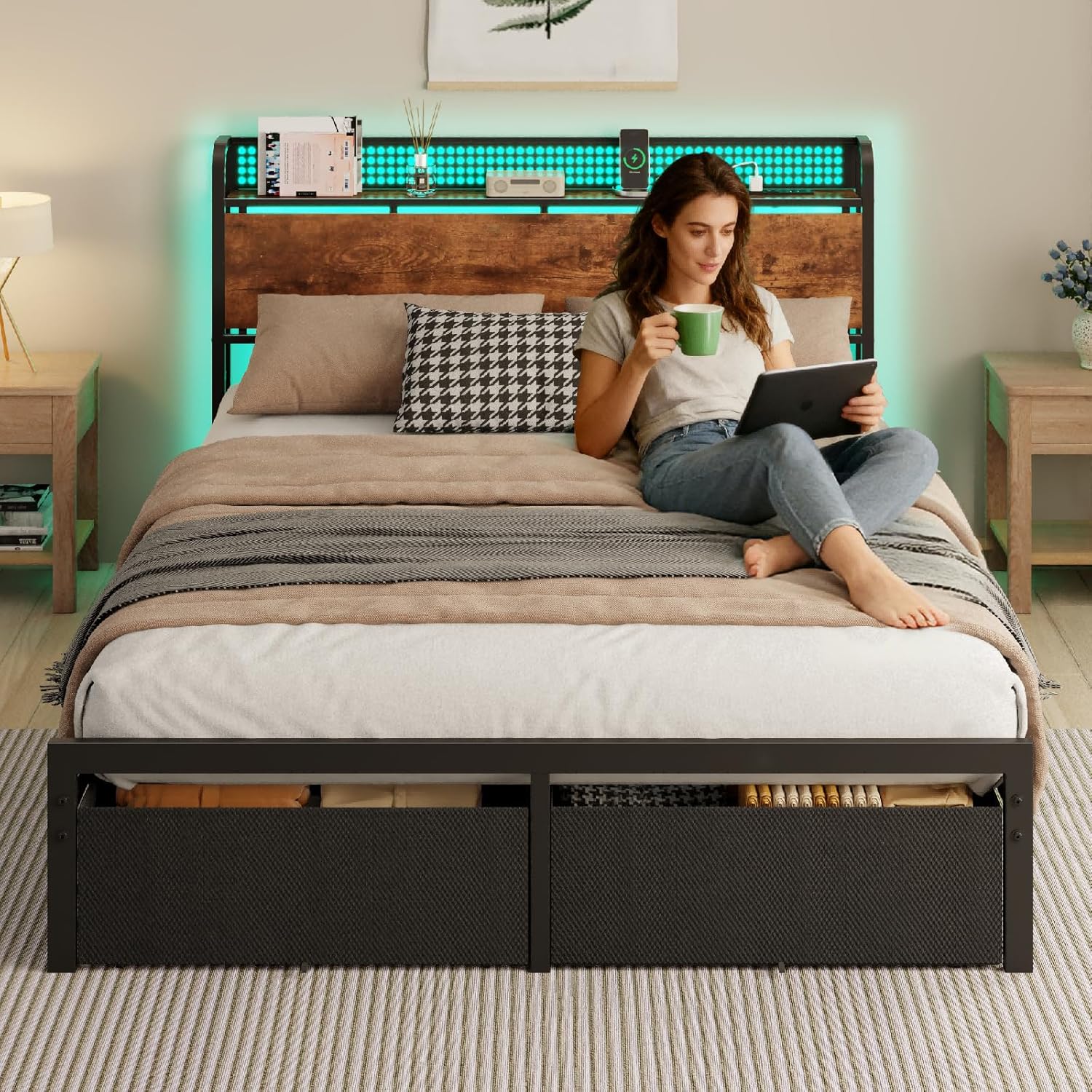 Furnulem Queen Size Bed Frame with Headboard Storage, Platform Bed Frame Queen Size with 2 Drawers, Charging Station and LED Lights, No Box Spring Needed, Noise Free, Easy Assembly (1200 lbs Capacity)