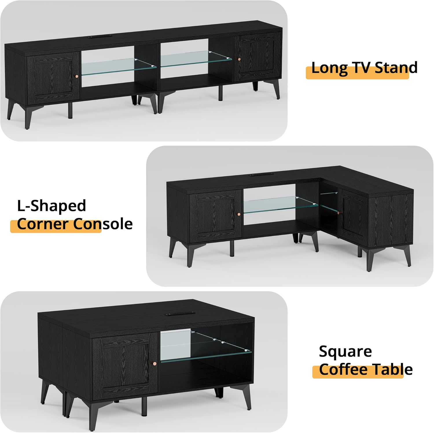 LIKIMIO 2-in-1 TV Stand for 85 Inch TV, Black TV Consoles with LED Lights & Charging Station, Entertainment Center with Storage Cabinets & Adjustable Glass Shelves, TV Table for Living Room & Bedroom