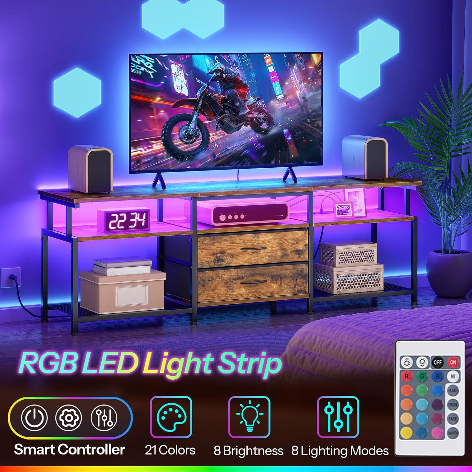 HOOBRO TV Stand with Power Outlet and LED Light, Entertainment Center for TVs Up to 75 Inch, Modern Media Console Table with 2 Non-Woven Drawers, for Living Room, Bedroom, Rustic Brown BF55UDDS01