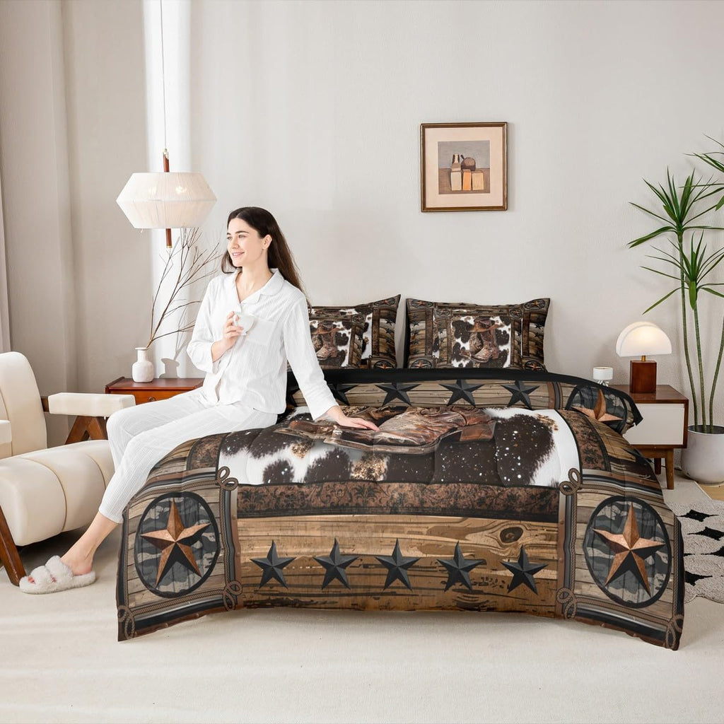 Feelyou Brown Western Aztec 7 Pieces Bedding Set King Size Cowboy Boots Hat Comforter Set with Sheets for Kids Boys Girls Decor West Texas Star Cow Fur Printed Rustic Bed in a Bag Soft Bedroom Decor
