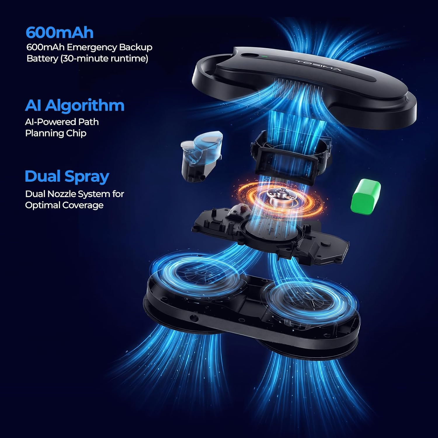 Tosima X1 Window Cleaning Robot, Dual Direction Auto-Spray Smart Window Cleaner with Triple Safety System, Smart Navigation, Remote Control, for All Smooth Surfaces, with 8 Rags, Black