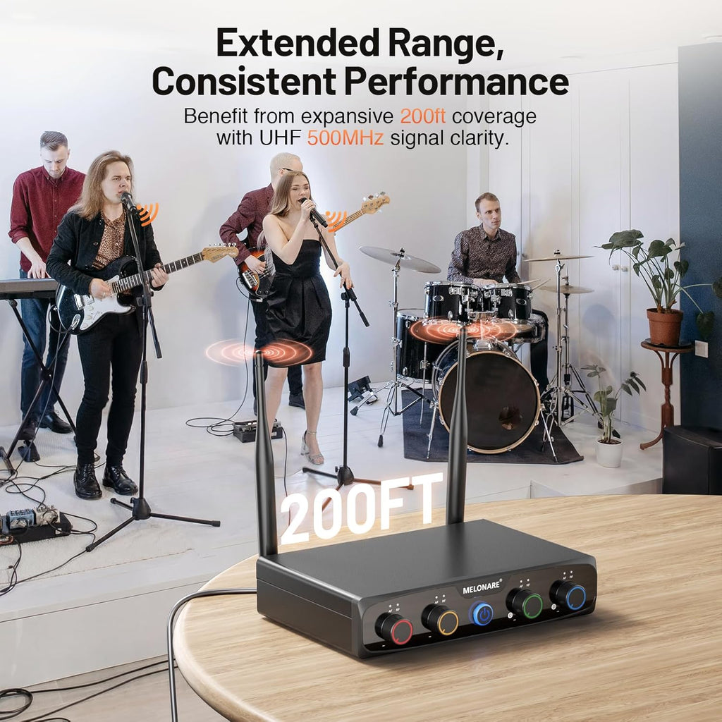 MELONARE 4-Channel Wireless Microphone System, UHF Compact Cordless Mic Set w/ 4x10 Frequencies, 200ft Range, Dynamic Handheld Microphone for Singing, Karaoke, Church, DJ, Wedding (MWM-41-4H)