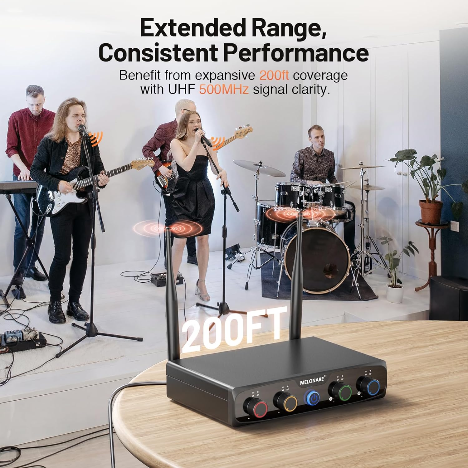 MELONARE 4-Channel Wireless Microphone System, UHF Compact Cordless Mic Set w/ 4x10 Frequencies, 200ft Range, Dynamic Handheld Microphone for Singing, Karaoke, Church, DJ, Wedding (MWM-41-4H)