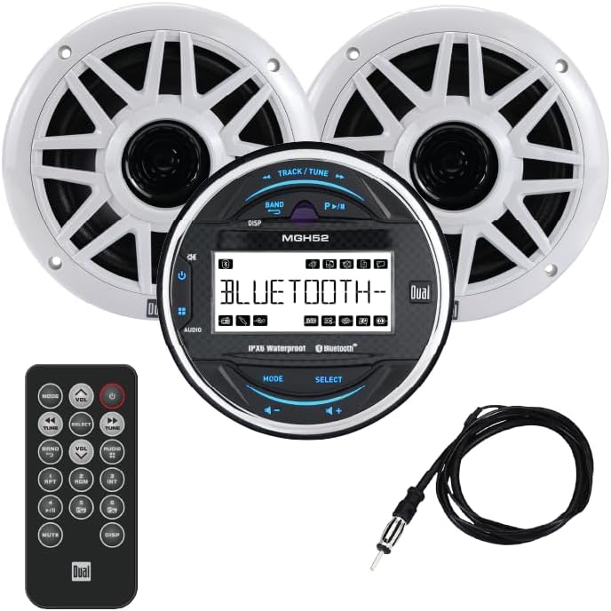 Dual Electronics MXPGH52 Gauge Hole Marine Stereo with (2) 6.5" Marine Speakers, Wireless Remote Control & Antenna | 10-Character LCD Media Receiver with Built-in Bluetooth | IPX6 Waterproof