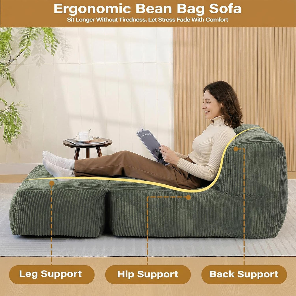 Big Bean Bag Chair for Adults, 66.9"x31.5" Lounger Large Bean Bag Sofa, Memory Foam Filled Beanbag Chair for Living Room, Bedroom, Balcony - Ergonomic Support & Premium Comfort (Green)