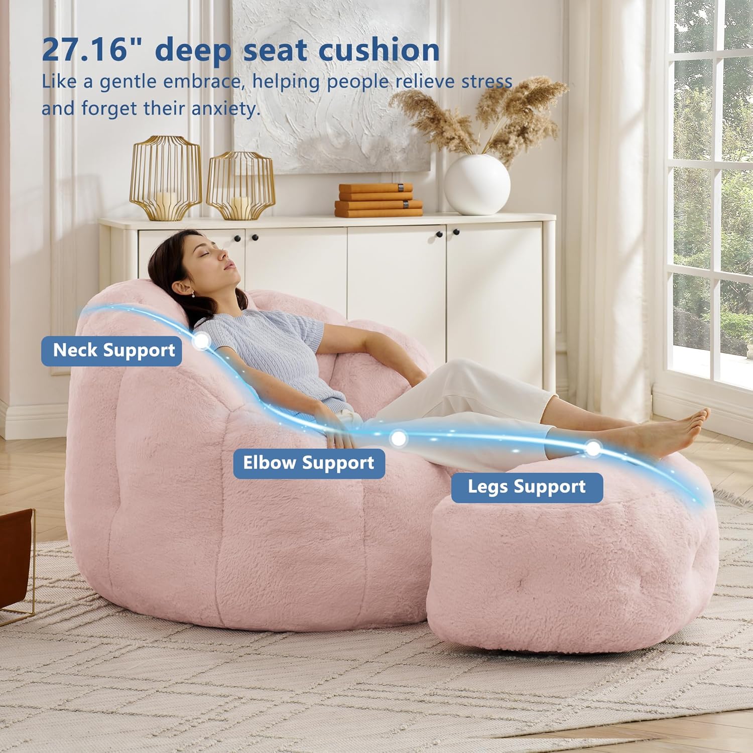 Mofolit 46" Oversized Flower Bean Bag Chair with Ottoman for Adults,Large Cozy Beanbag Chair with Artificial Rabbit Fur Fabric,Boneless Sofa for Living Room,Reading Room and Apartment. (Pink)