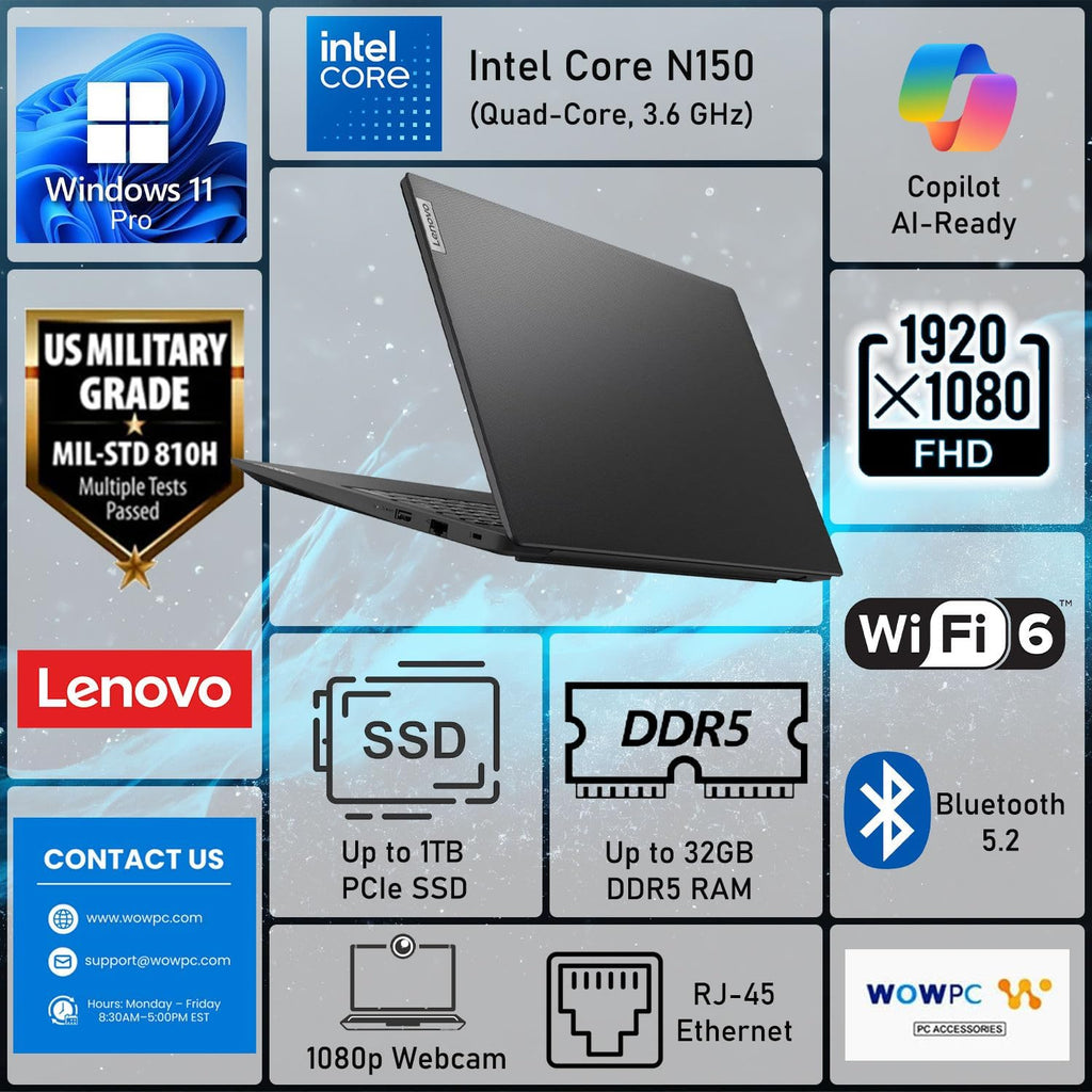 Lenovo 2026 New V15 Laptop for Student & Business, Powerful Intel N150 Quad-Core CPU, 15.6 inch FHD, 8GB RAM, 256GB SSD, Ethernet Port RJ-45, Windows 11 Pro, Long Battery Life, No Mouse