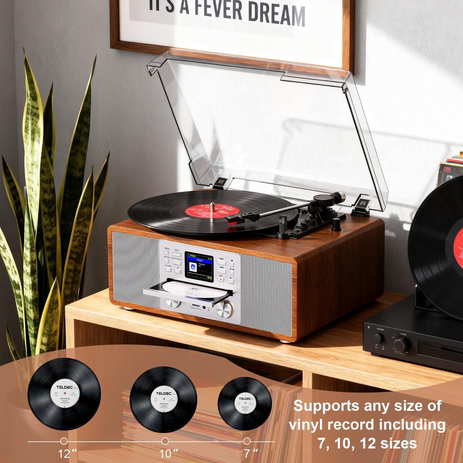 10-in-1 Retro Bluetooth Record Player with Built-in Stereo Speakers | All-in-One 3-Speed Turntable for Vinyl, CD, MP3, USB/SD, Internet Radio | MP3 Recording | Vintage Multimedia Center