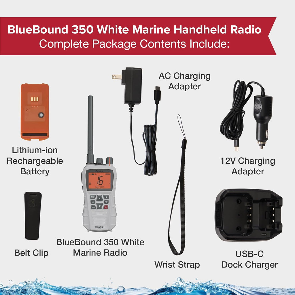 Cobra BlueBound 350 VHF Handheld Marine Radio - White – 6-Watt, Floating, Long Range, NOAA Weather Alerts, International Functionality, IPX7 Waterproof, USB-C, Submersible, LCD Screen, Belt Clip