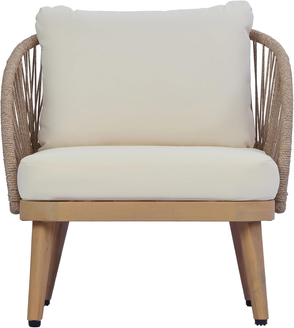 Christopher Knight Home Lydia Boho Patio Furniture Acacia Wood Club Chair, Outdoor Lounge Chair, Modern Tub Accent Chair with Rope Woven and Removable Cushions, Deep & Sturdy Seating, Natural+Beige