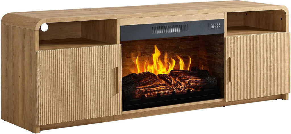 AMERLIFE 70" Fluted Fireplace TV Stand for TVs Up to 80", Modern TV Console with 30" Electric Fireplace & Storage Cabinets, Media Entertainment Center for Living Room, Natural Oak