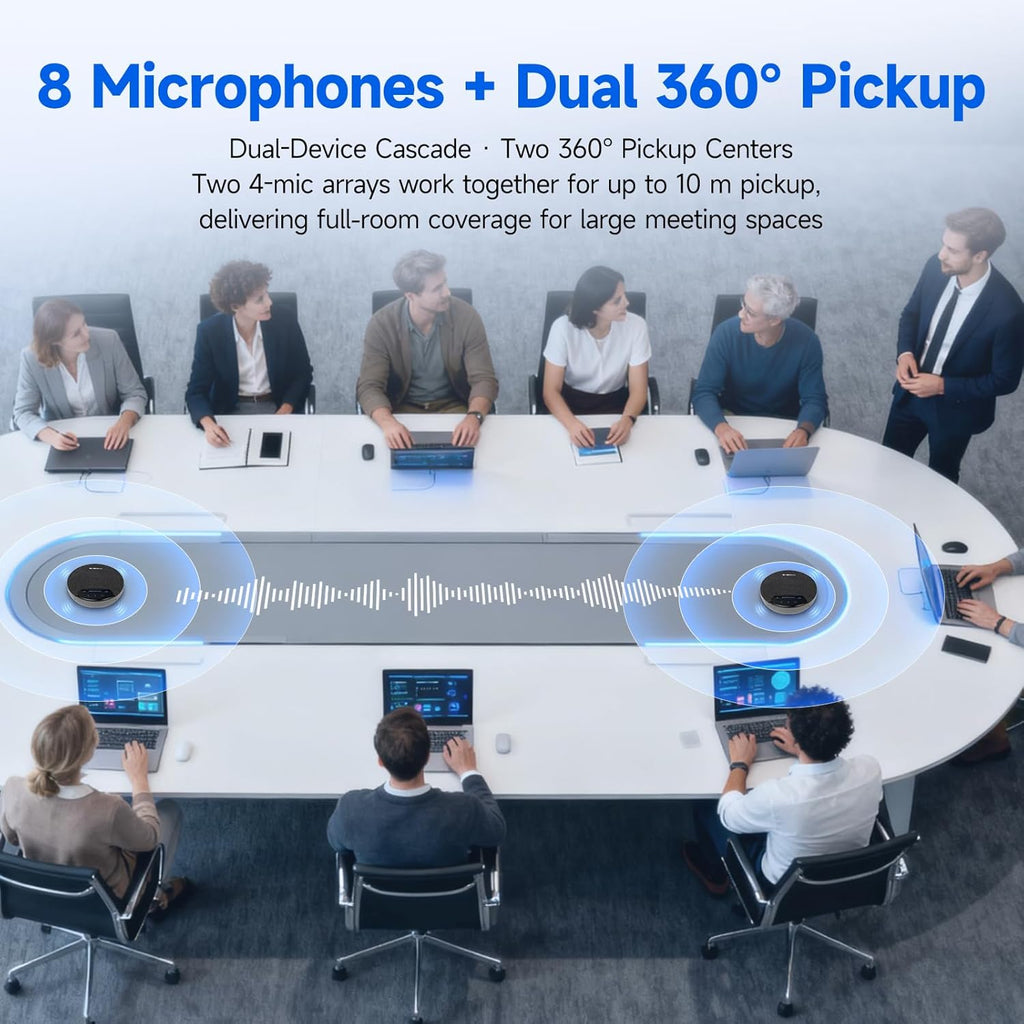 SVBONY SVN O1 Dual Conference Speaker and Microphone, Wireless Cascading 33FT for 30People Conference Room, 3A+AI Noise Cancelling, 8Mics with 360°Voice Pickup, UHF-Stabilized Link