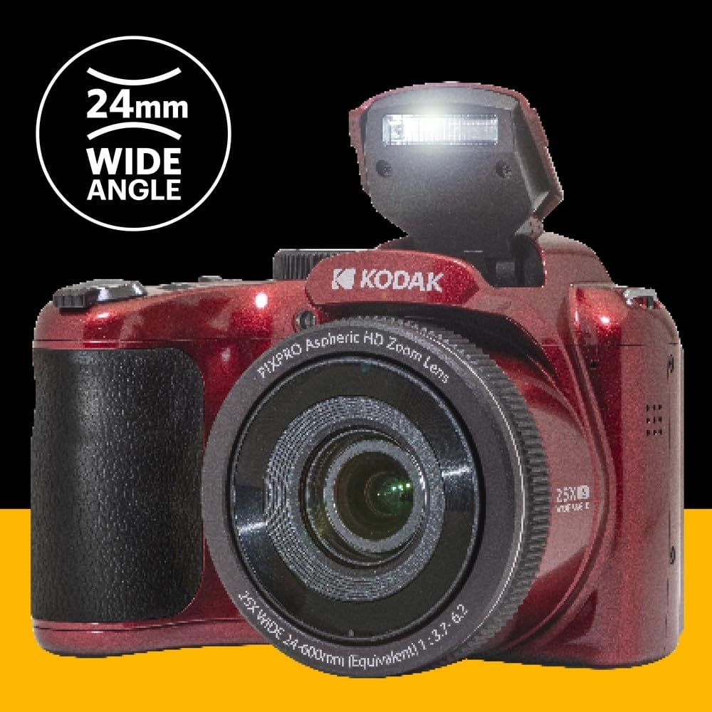 Kodak PIXPRO AZ255-RD 16MP Digital Camera 25X Optical Zoom 24mm Wide Angle Lens Optical Image Stabilization 1080P Full HD Video 3" LCD Vlogging Camera (Red)