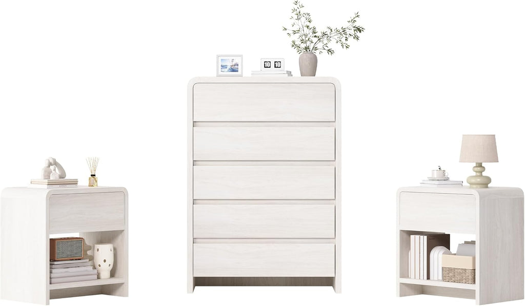 AMERLIFE Modern 3-Piece Bedroom Furniture Set with 5-Drawer Dresser and 2 Nightstands, Large Storage Capacity, Rounded Corners, Flexible Combination Design, White