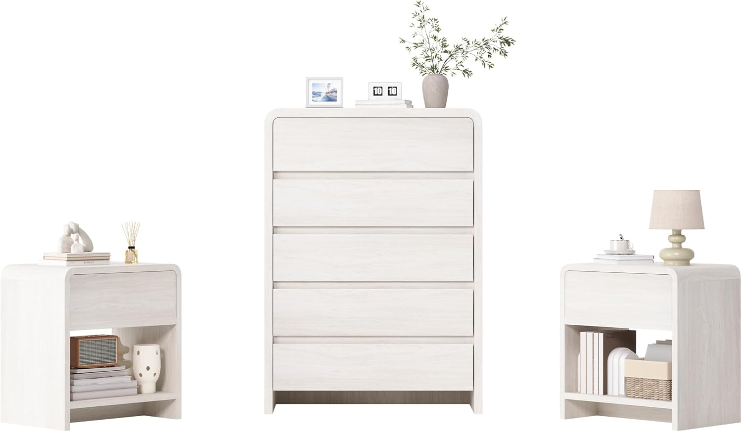 AMERLIFE Modern 3-Piece Bedroom Furniture Set with 5-Drawer Dresser and 2 Nightstands, Large Storage Capacity, Rounded Corners, Flexible Combination Design, White