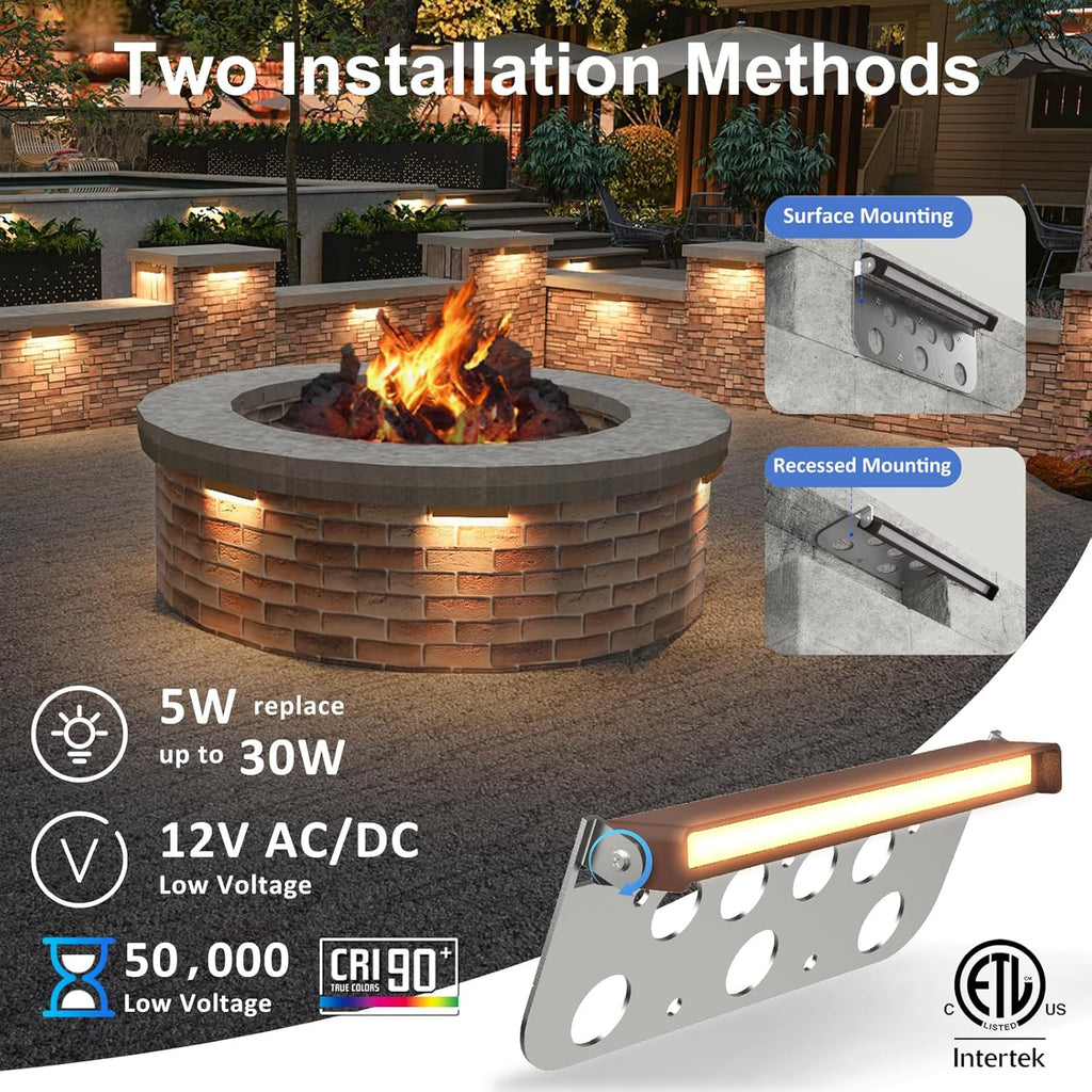 12 Pack 7 Inch Retaining Wall Lights, 5W 2700K Soft White LED Hardscape Lighting, 12V AC/DC Low Voltage Step Light, IP65 Waterproof Outdoor Landscape Lighting for Patio Walls Stairs, ETL