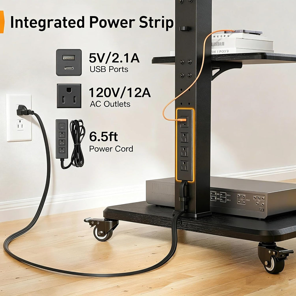 Perlegear Mobile TV Stand with Power Outlet, Tilt & Swivel Rolling TV Stand for 32-75 inches TVs up to 110 lbs, 12 Height Adjustable Rolling TV Cart with Wheels, Max VESA 600x400mm, PGTVMC17