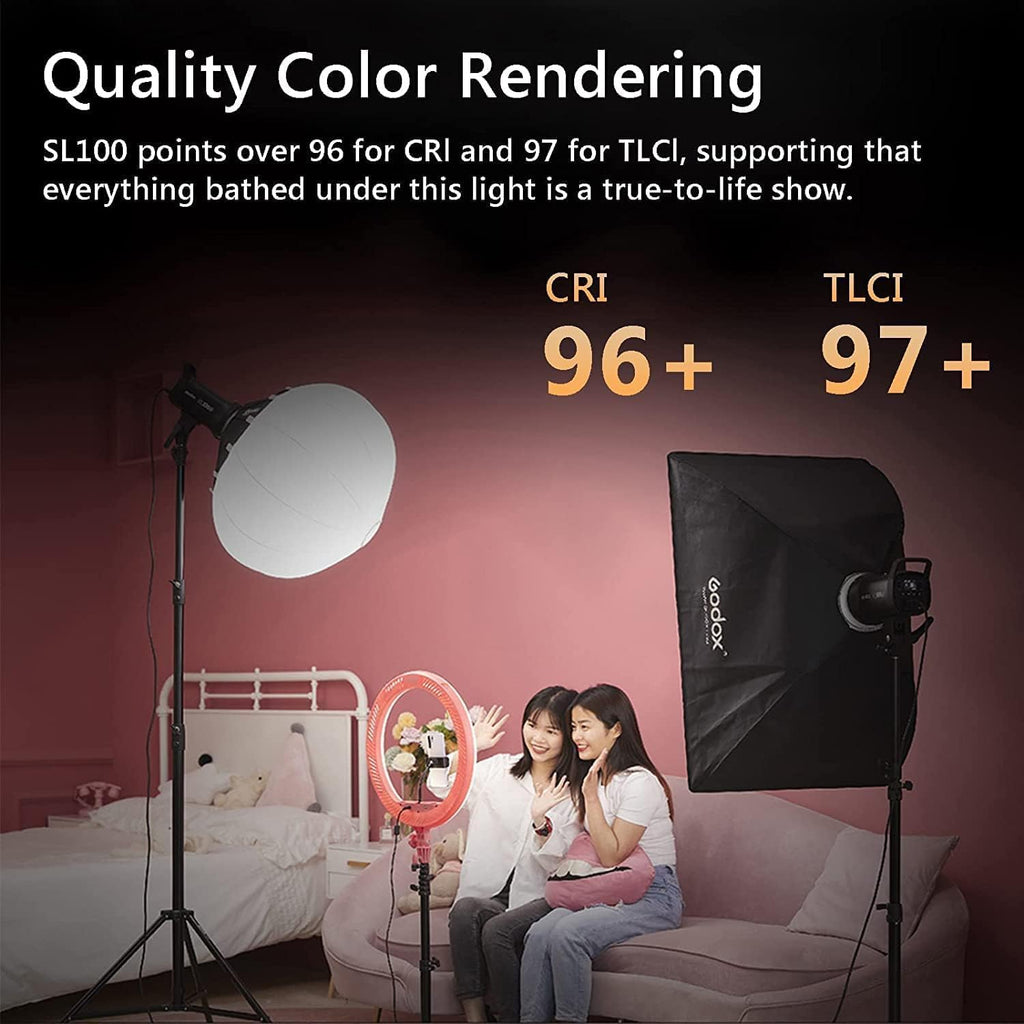 Godox SL100D Daylight LED Video Light, 100W 5600K 32100Lux @1M CRI 96+TLCI 97+ Bowens Mount COB LED Continuous Light, 8 FX Effects 0-100% Brightness Studio Light with APP Control