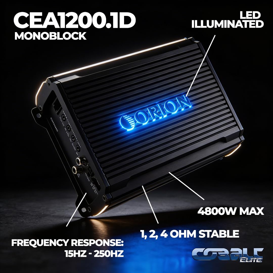 Orion Cobalt Elite CEA1200.1D Class-D Monoblock Compact Car Subwoofer Amplifier, 1200W RMS, 1/2/4 Ohm Stable, Adjustable Low Pass & Subsonic Filter, Bass Boost, MOSFET Power Supply, Bass Knob Included