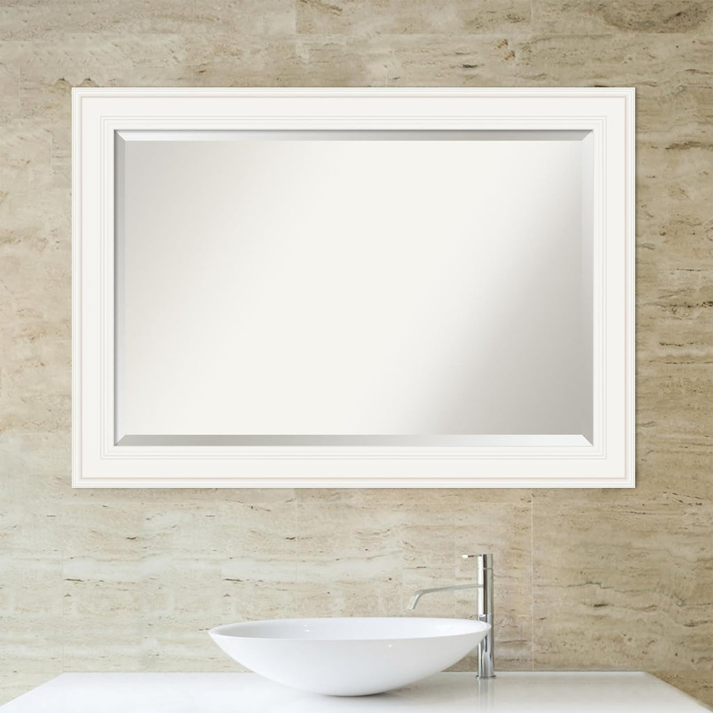 Amanti Art White Bathroom Mirror for Over Sink, 30x42 Ridge White Rectangle Vanity Mirror, Large Traditional Frame, Hangs Horizonally and Vertically, Bathroom Wall Decor, Beveled Edge