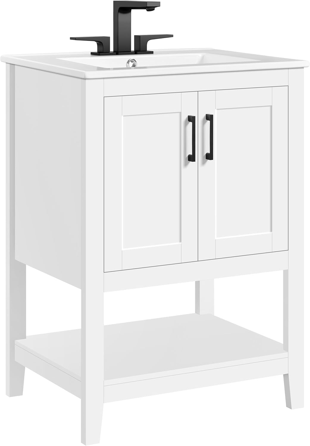 Yaheetech 24" Modern Bathroom Vanity with Sink, Bathroom Sink Cabinet with Rectangular Ceramic Basin, Bathroom Vanities Cabinet with 2 Doors and 1 Open Shelf, White