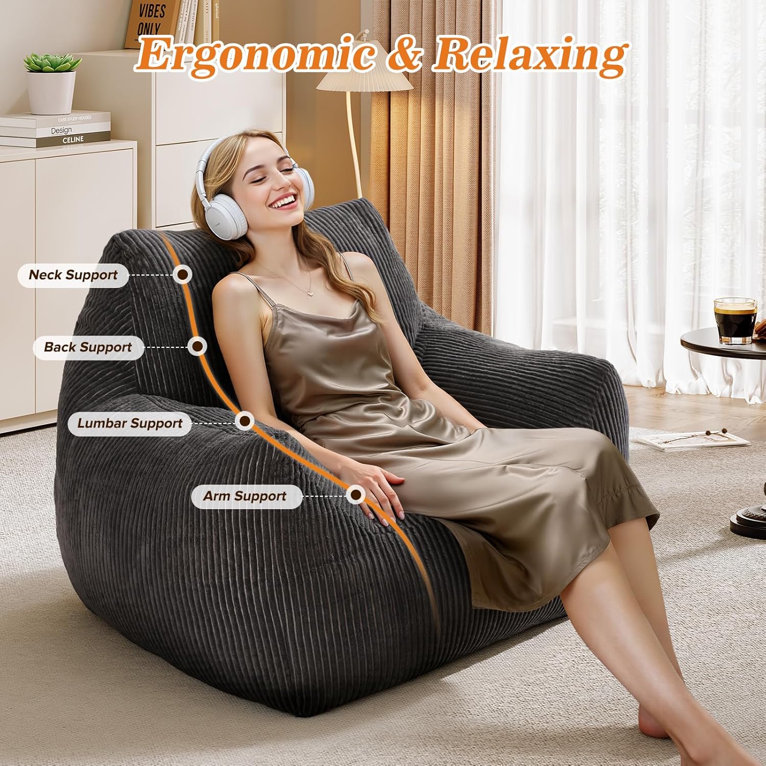Big Bean Bag Chair for Adults, Ultra Soft Living Room Bean Bag with Armrests, Stuffed BeanBag Chair for Napping, Gaming, Vacuum-Compressed for Easy Gifting, 48 Hours to Fluffs Up, Dark Gray