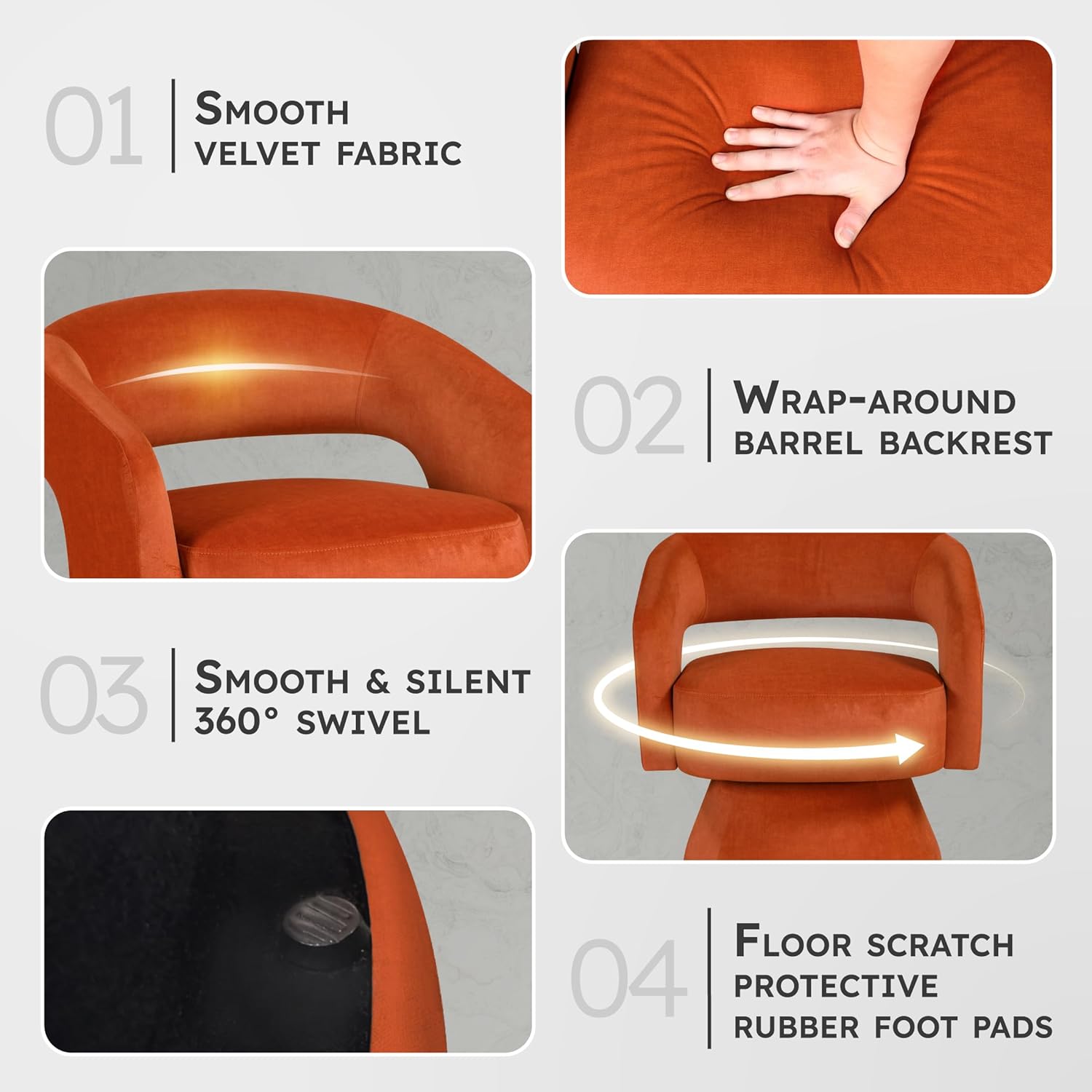 Lexicon 360 Degree Swivel Accent Chair, Modern Comfy Velvet Round Barrel Chair, Open Back, Plush Foam Cushions, Metal Swivel Base for Living Room/Bedroom/Office/Small Spaces, Orange