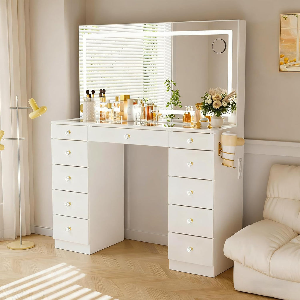 Pamapic Glass Top Vanity Desk with Crystal Handles and 11 Drawers, Makeup Vanity with Mirror and Lights, 3 Lighting Modes Dressing Table, Power Outlet, Silent Slides, White