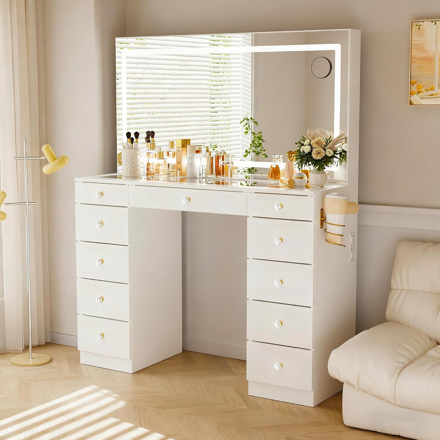 Pamapic Glass Top Vanity Desk with Crystal Handles and 11 Drawers, Makeup Vanity with Mirror and Lights, 3 Lighting Modes Dressing Table, Power Outlet, Silent Slides, White