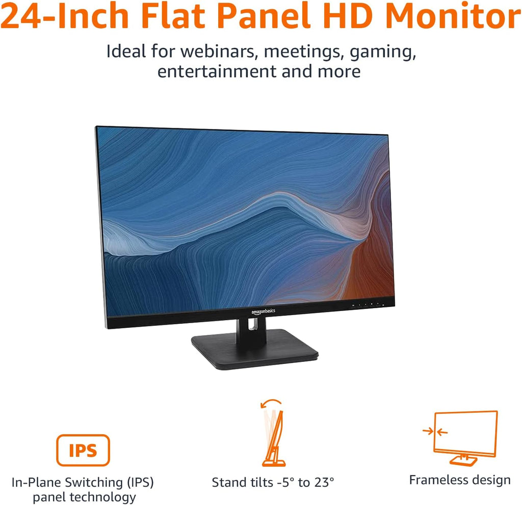 Amazon Basics 24-inch Full HD IPS Monitor, 75 Hz, 1080P, HDMI, Display Port and VGA Input, Adjustable Stand, VESA Compatible, Built-in Speakers for Office and Home, Black
