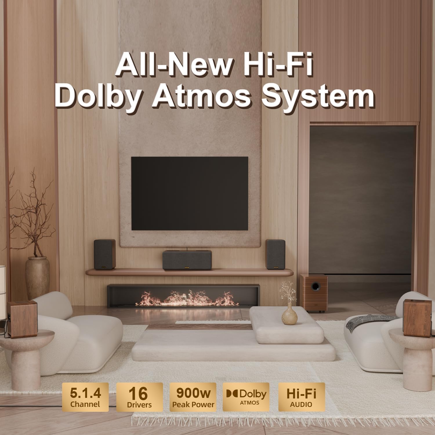 True 5.1.4 Hi-Fi Surround Sound System with Dolby Atmos, 900W Home Theater Sound Bar for Smart TV, Center Channel Speaker with 4 Surrounds, 25Hz Subwoofer, Hi-Fi Grade Crossover, Soundbar eARC, BT 5.4