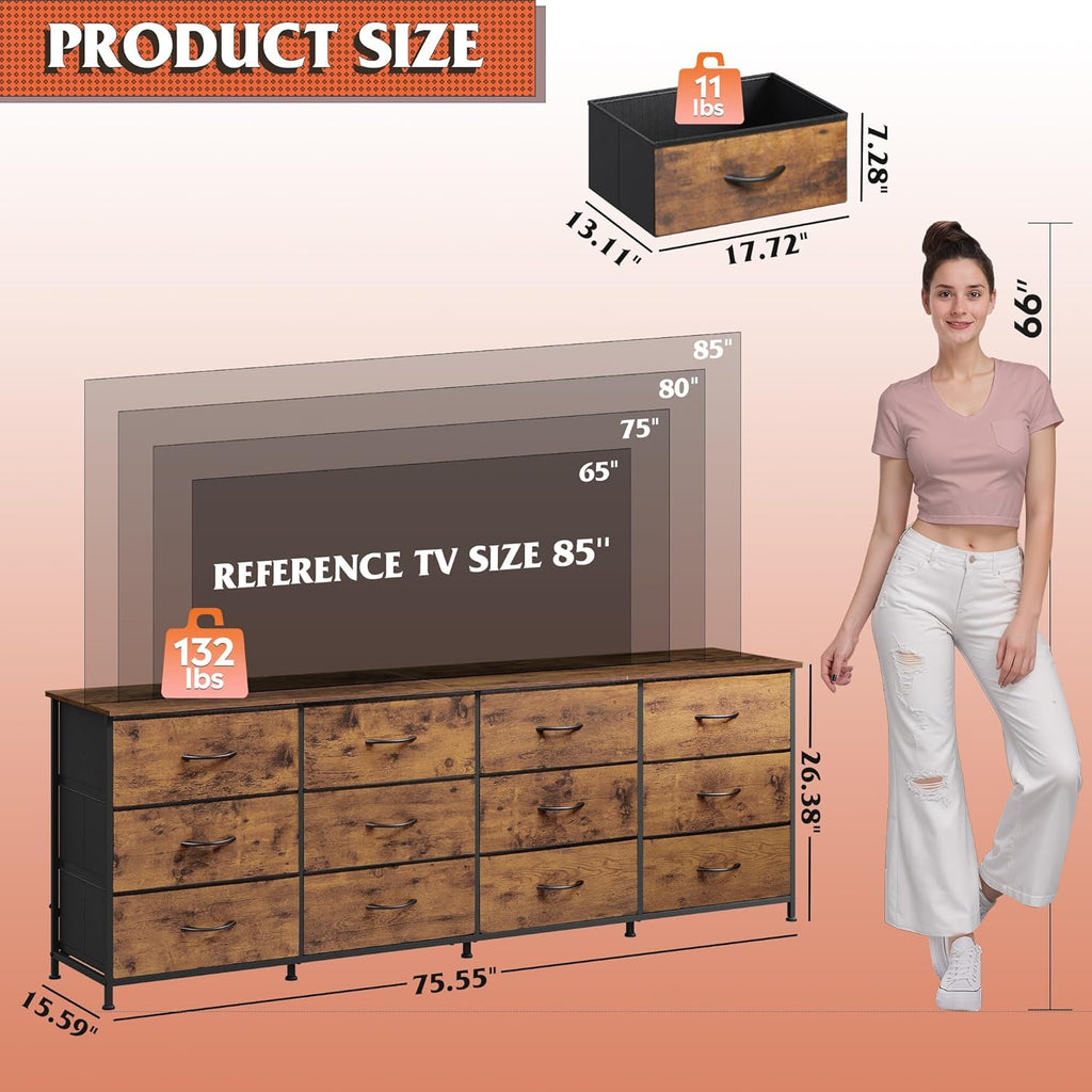 WLIVE 75.5'' Dresser for Bedroom, TV Stand for 85,80,75,65 Inch TV, 12 Drawer Long Fabric Dresser with Wood Top, Wide Entertainment Center Storage Chest for Living Room, Closet, Rustic Brown
