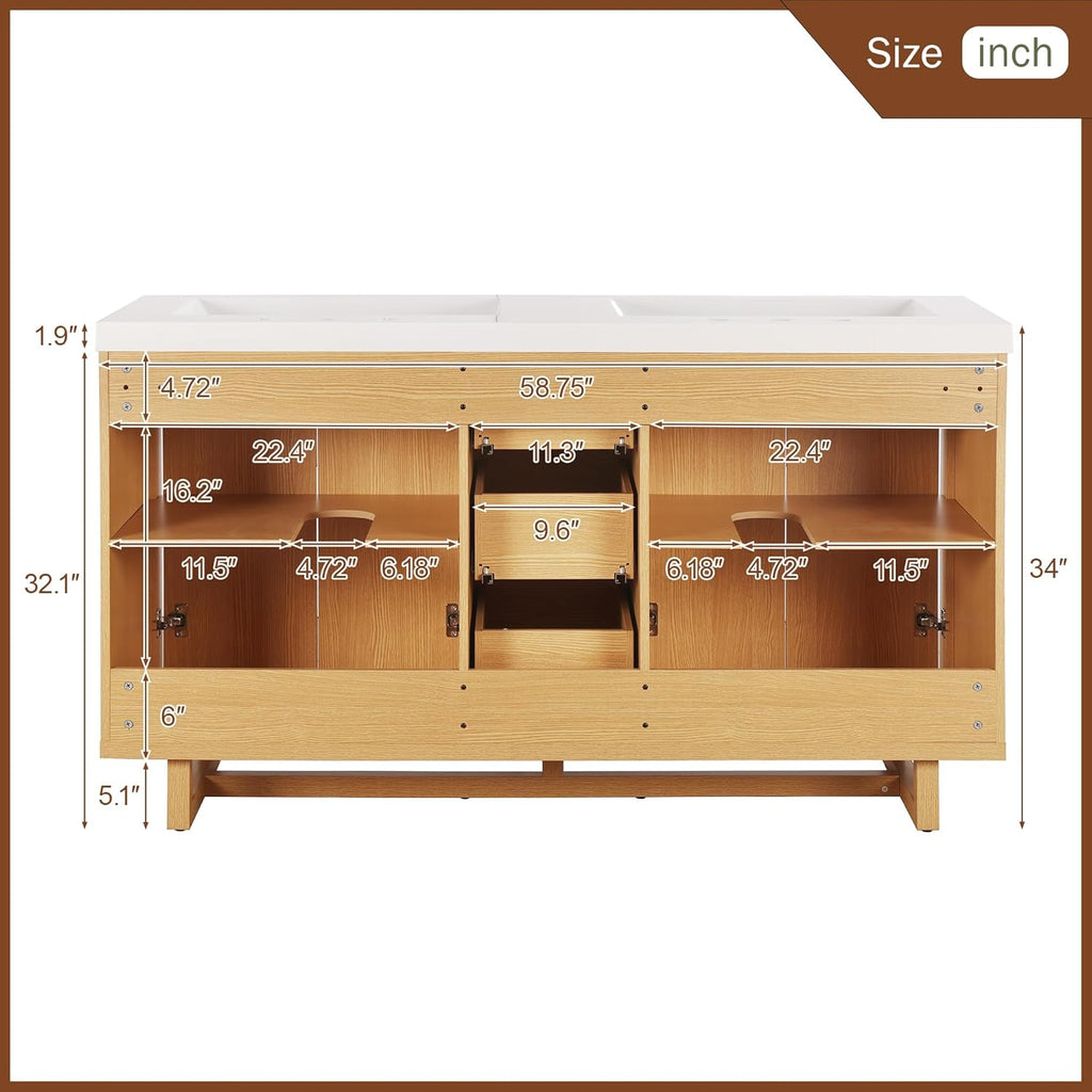 59.3-Inch Bathroom Vanity with SMC Resin Top, 4 Doors & 3 Drawers, Handle-Free, Soft-Close Hinges, Wood, MDF