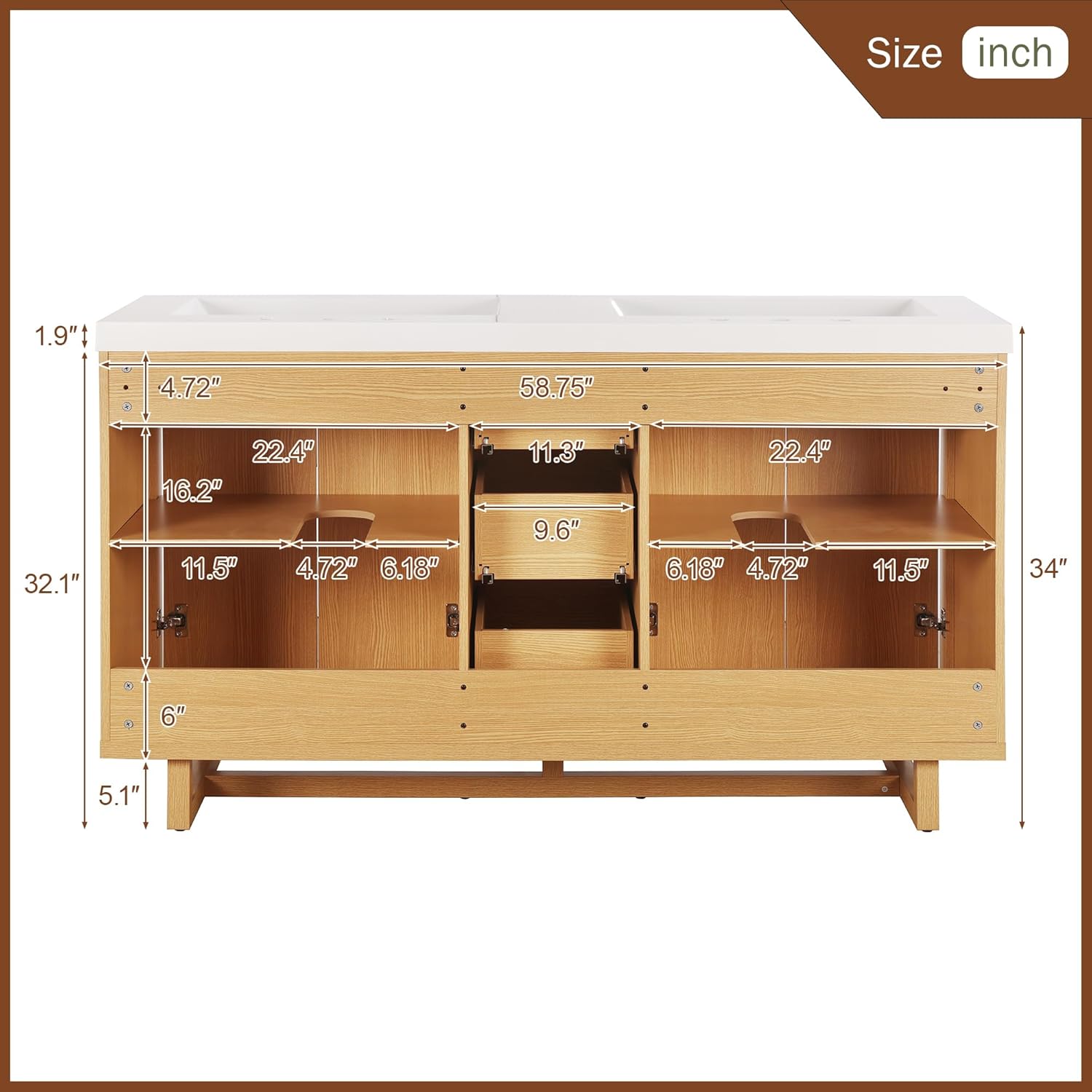 59.3-Inch Bathroom Vanity with SMC Resin Top, 4 Doors & 3 Drawers, Handle-Free, Soft-Close Hinges, Wood, MDF