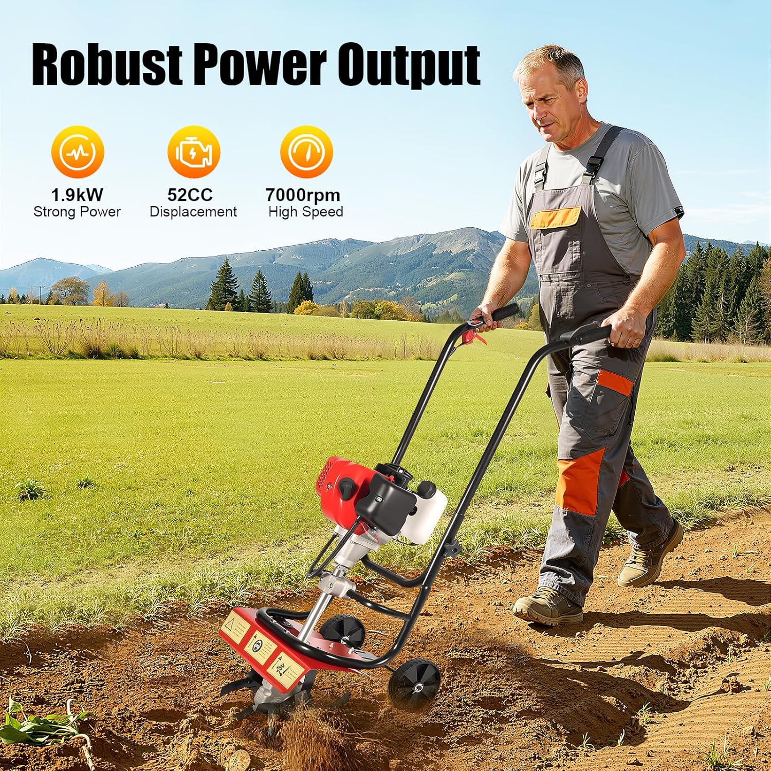 2-Cycle Gas Powered Tiller Cultivator, 52CC Farmyard Tilling Machine, 14.17-Inch Tilling Width, Easy Start, Hand-Pull Recoil, Single Cylinder Air-Cooled Garden Tool, for Lawn Yard & Gardening Care