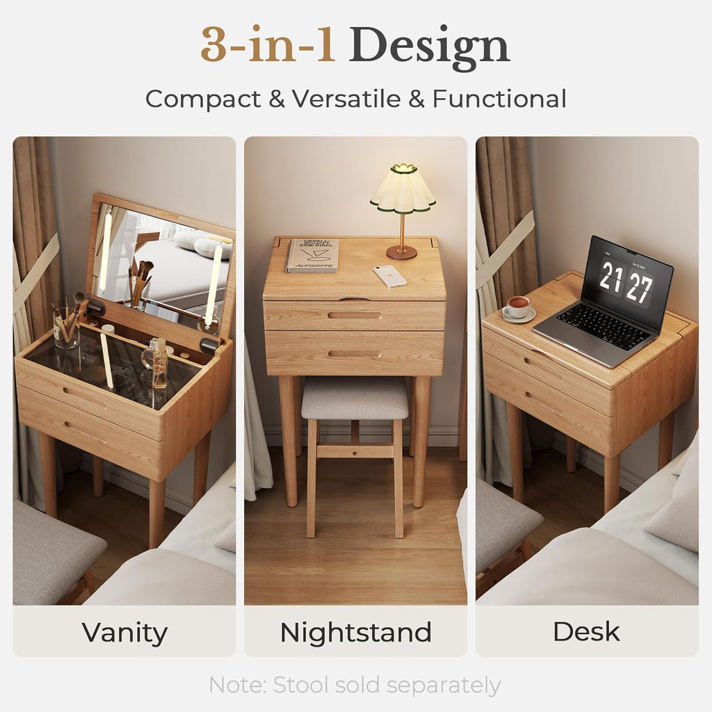 Muwuele Solid Wood Small Vanity Desk with Mirror and Lights, Narrow Makeup Vanity for Small Space, Flip Top Vanity Side Table, 3 Color Modes & Adjustable Brightness, 19.6" Slim Dressing Table, Natural