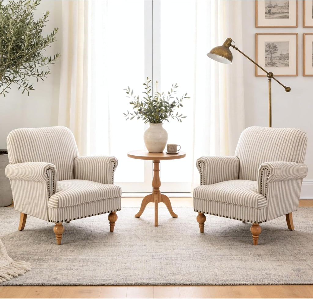 Khaki Striped Linen Fabric Accent Chairs Set of 2, Modern Farmhouse Upholstered Armchairs with Nailhead Trim & Ball Turned Legs, Cottage Club Chairs for Living Room Bedroom Guest Room