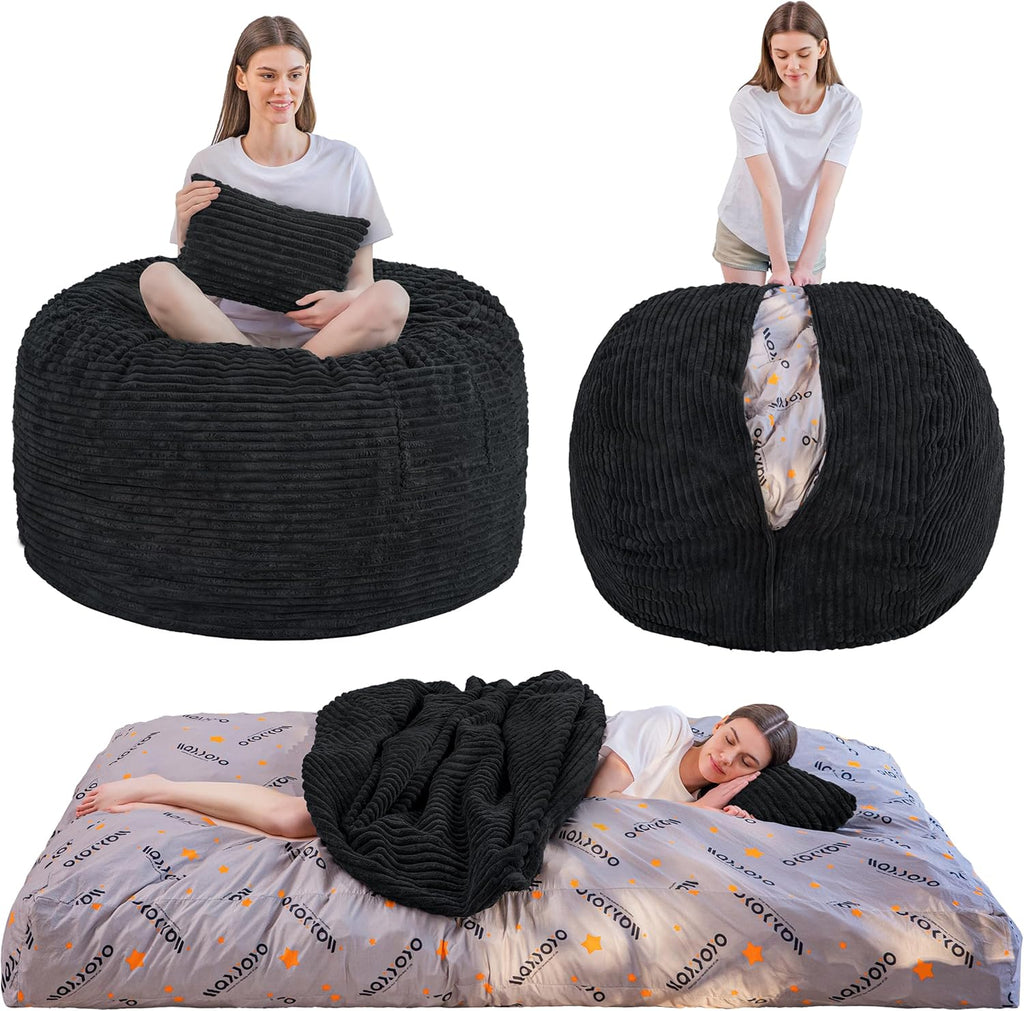 MAXYOYO Giant Bean Bag Chair Bed with Pillow, Convertible Beanbag Sofa to Floor Bed, Lazy Chair Couch with Removable Cover, High-Density Shredded Foam Filling, Cozy Lounge for Bedroom Living Room