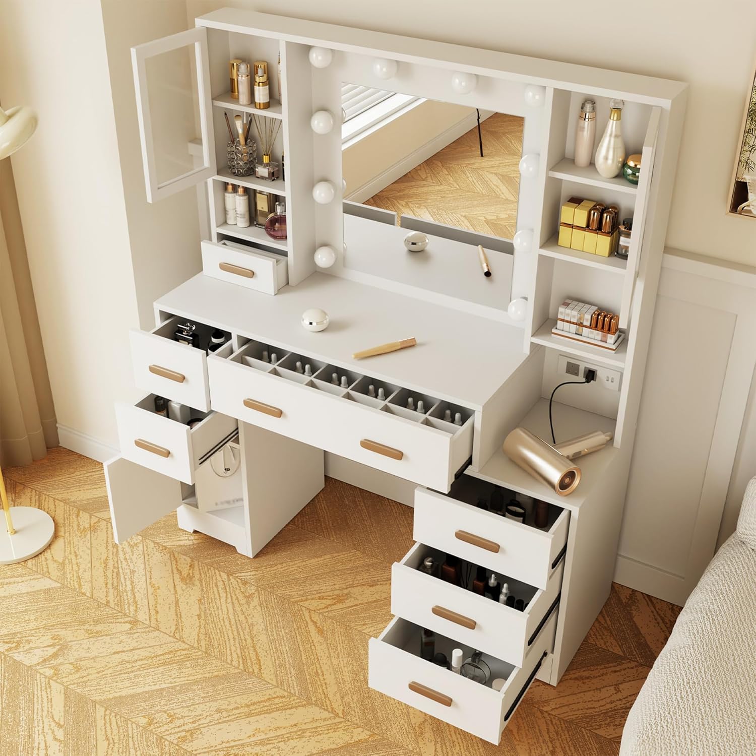 DYHOME Large Vanity Desk with LED Light Mirror & Power Outlet, 3 Lighting Modes, Adjustable Bright, White Makeup Vanity, 7 Drawers, 3 Storage Cabinet, Dressing Table for Women, Girls, Teens, Bedroom