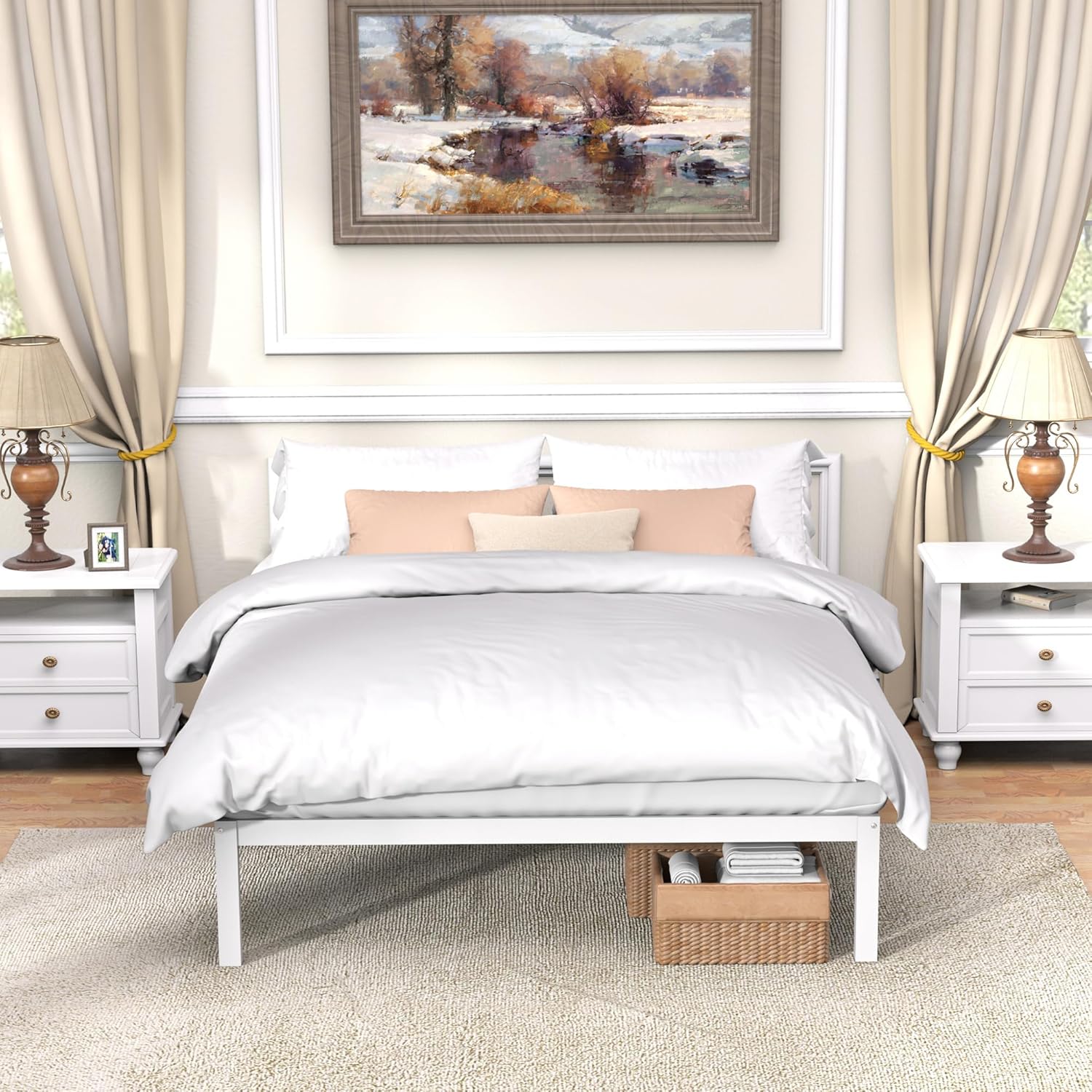 Bamboo Wood Bed Frame 14" Queen Size Platform Bed with Non-Slip Slats Support, No Box Spring Needed, Smooth Finish Bed with Under Bed Storage for Dorm & Bedroom, White