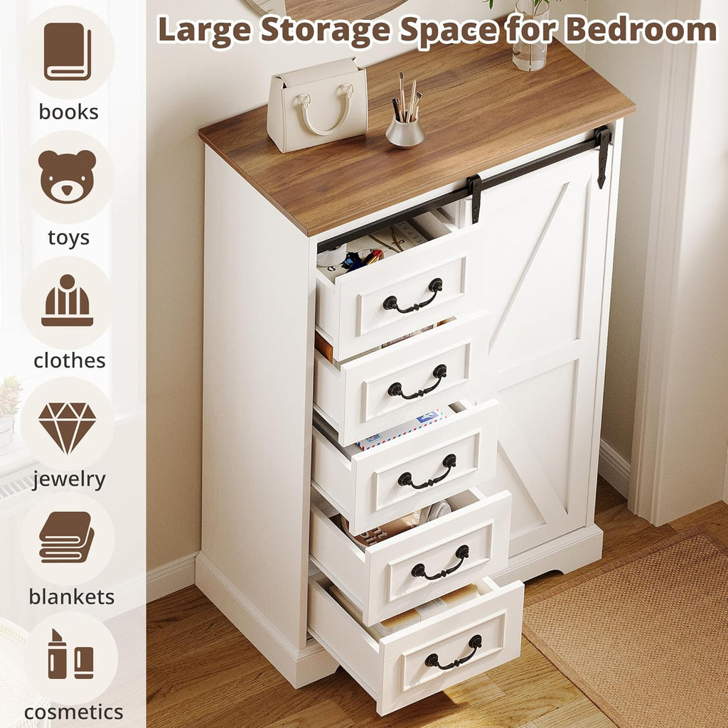 IRONCK 5 Drawers Dressers for Bedroom, Farmhouse Dresser Chest of Drawer with Sliding Barn Door,48” Tall Dresser Storage Organizer for Living Room, Entryway, White/Walnut