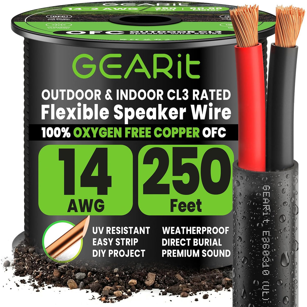 GEARit Speaker Wire 14 Gauge Black Wire 250 ft UL CL3 Rated, Copper Wire with Polarity Mark, Speaker Cable for in-Wall, Home, Car, Outdoor, Garden, Commercial Audio Systems, OFC (Black,2-Conductors)