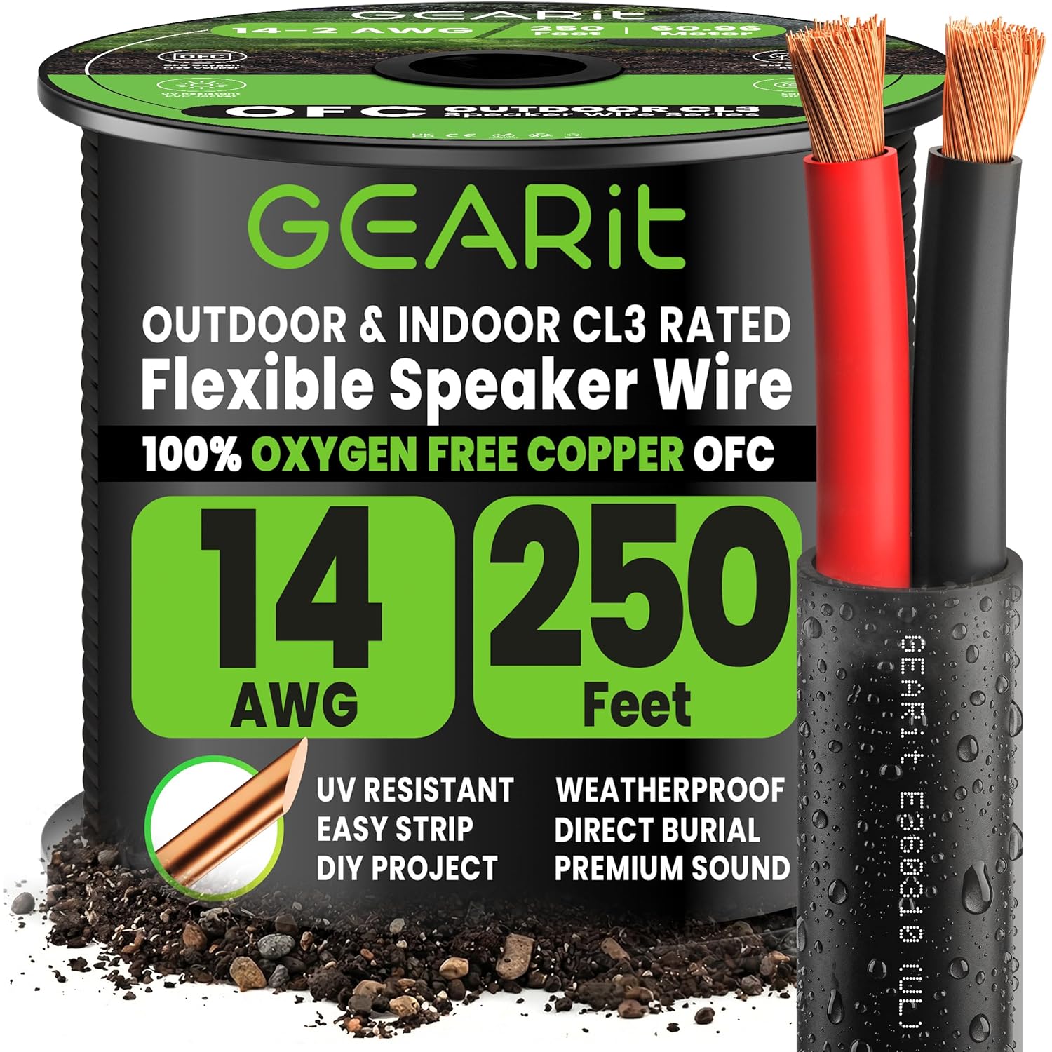 GEARit Speaker Wire 14 Gauge Black Wire 250 ft UL CL3 Rated, Copper Wire with Polarity Mark, Speaker Cable for in-Wall, Home, Car, Outdoor, Garden, Commercial Audio Systems, OFC (Black,2-Conductors)