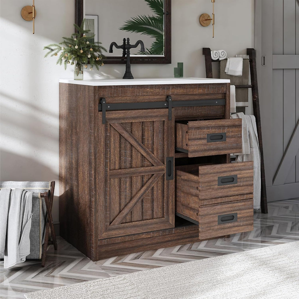 LUXOAK 30" Farmhouse Sliding Barn Door Bathroom Vanity with Sink Combo, Bathroom Vanity Cabinet with Drawers & Metal Handles, Freestanding, Reclaimed Barnwood