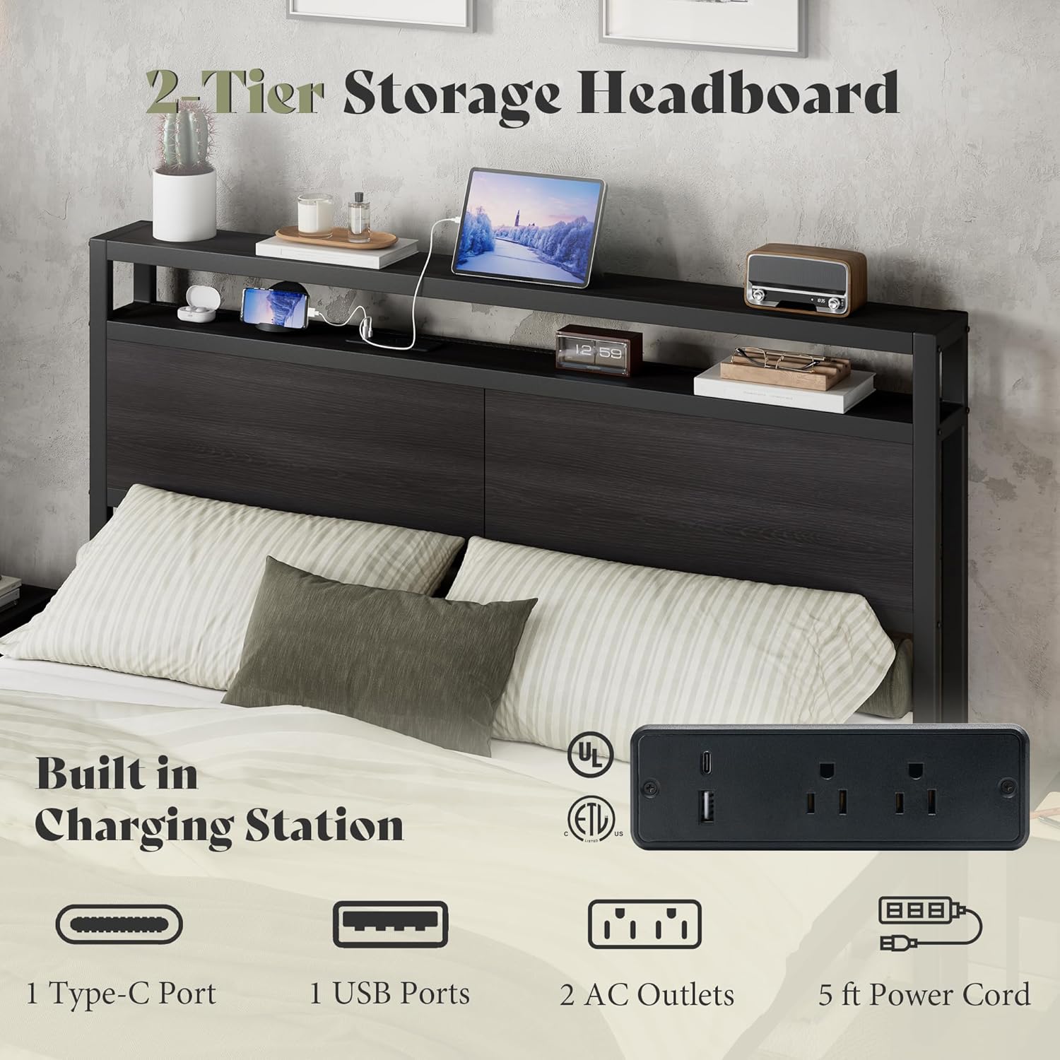 AMERLIFE Full Size Bed Frame with Storage Headboard & Charging Station, Industrial Metal Platform Bed with Large Under-Bed Storage, Heavy Duty Slats, No Box Spring Needed, Black