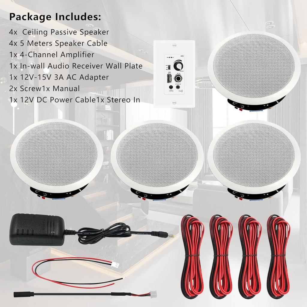 6.5'' Bluetooth in Ceiling Speakers with Wall Amplifier Receiver 600W Flush Mount Ceiling & in-Wall Speaker System for Home Theater Office Bathroom Living Room Kitchen(2Pairs)