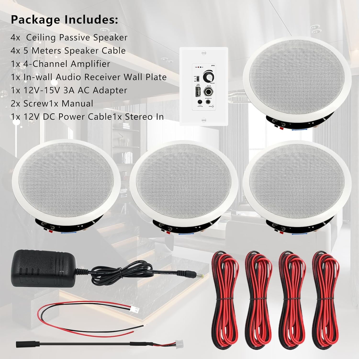6.5'' Bluetooth in Ceiling Speakers with Wall Amplifier Receiver 600W Flush Mount Ceiling & in-Wall Speaker System for Home Theater Office Bathroom Living Room Kitchen(2Pairs)