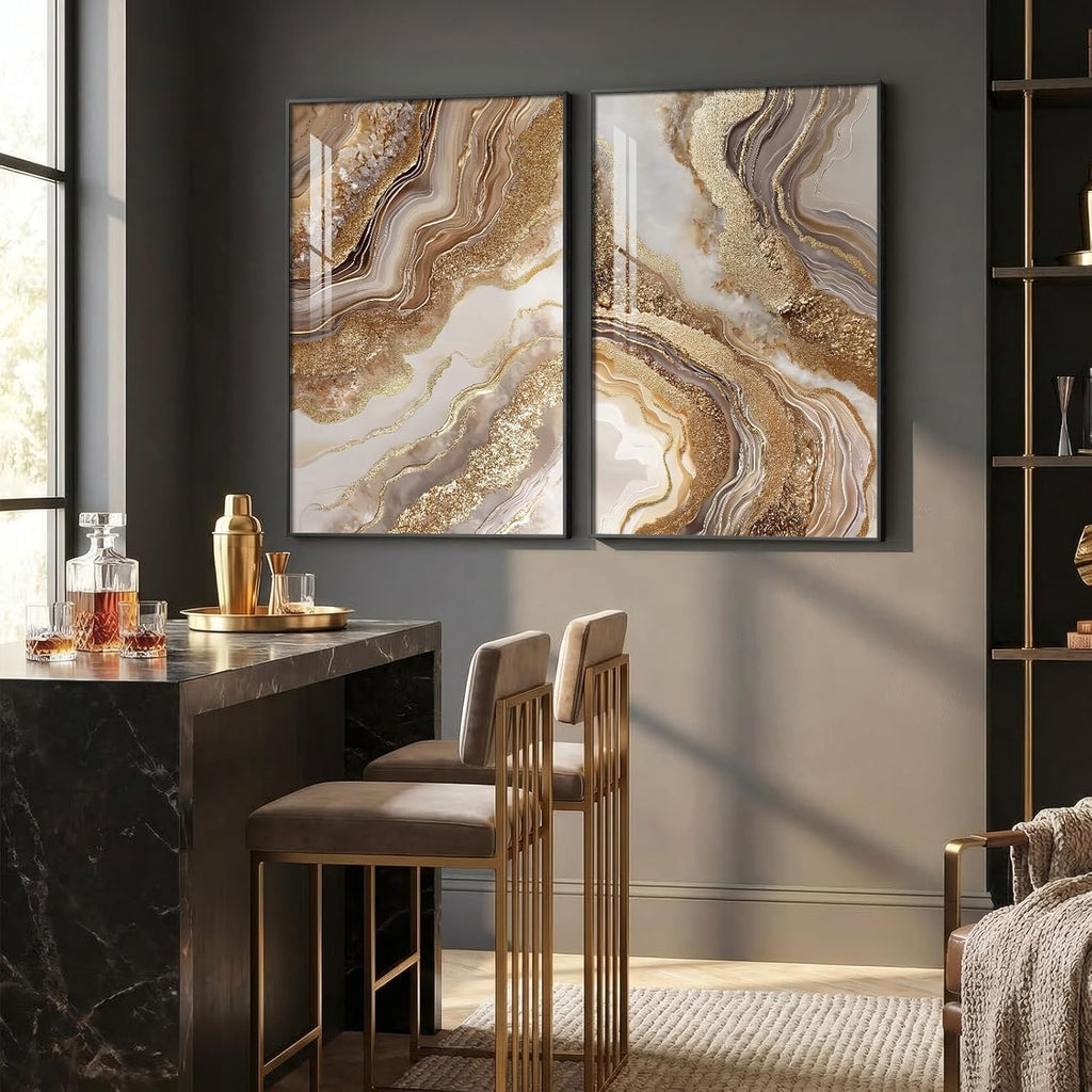 Framed Abstract Brown Gold Wall Art for Living Room, 2 Piece Large Modern Luxury Artwork for Walls, Contemporary Bright Style Picture Prints Paintings for Bedroom Dining Room Office 24x36 Inch